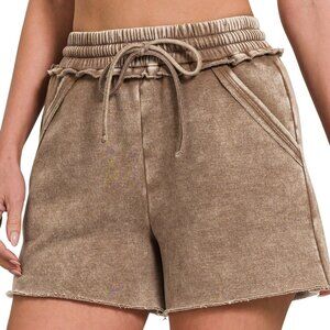 NWT Ladies Mocha Acid Wash Fleece Drawstring Shorts with Pockets